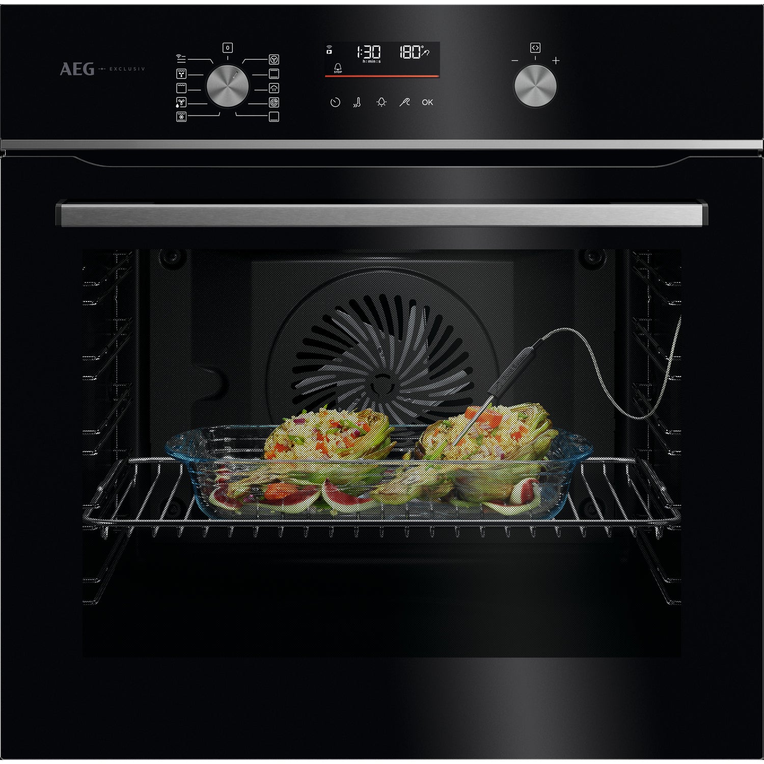 AEG GA5PB50FAB 59.5cm Built In Electric Single Oven - Gloss Black with Steel Trim