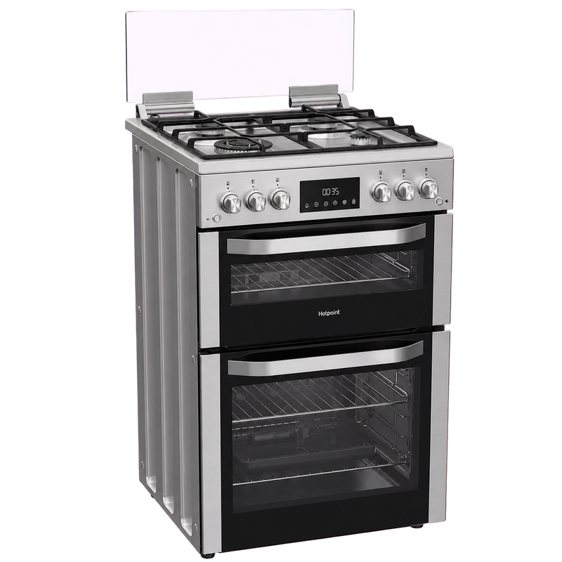 Hotpoint HDG6GDCWX 60cm Gas Double Oven Cooker with Glass Lid - Stainless Steel Finish