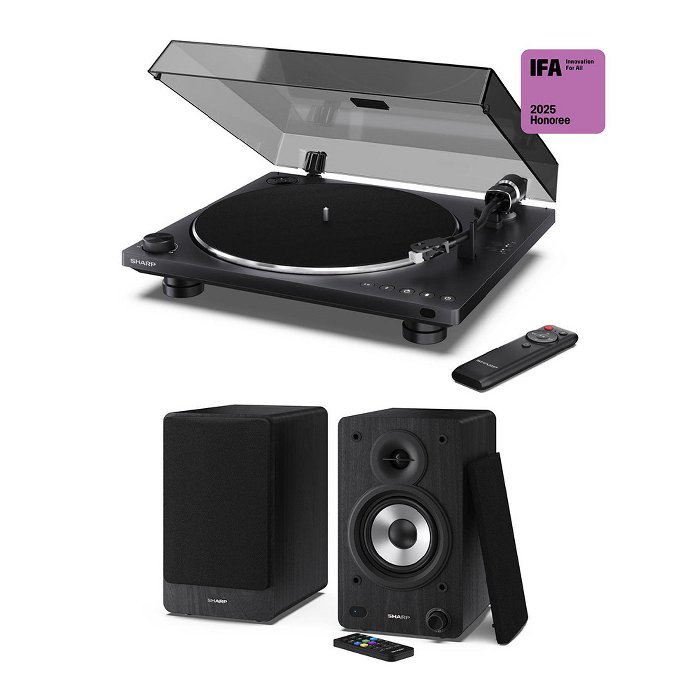 Sharp Pair of Wireless Bookshelf Speakers with Automatic Bluetooth Turntable - Black