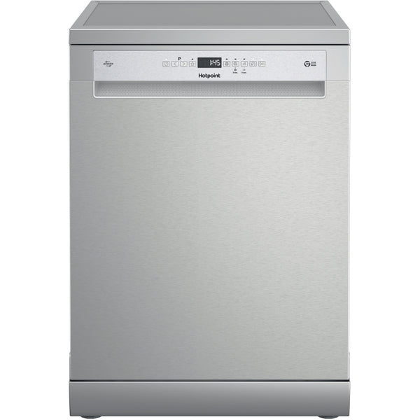 Hotpoint H7FHP43X stainless steel freestanding dishwasher, front view