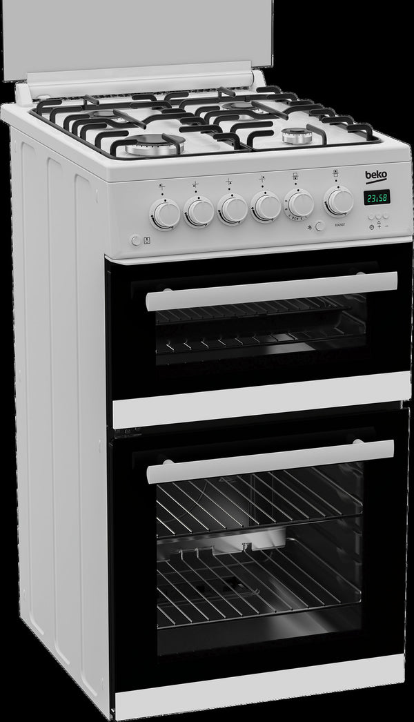 Beko 50cm Twin Cavity Gas Cooker with Gas Hob & Glass Lid - White
