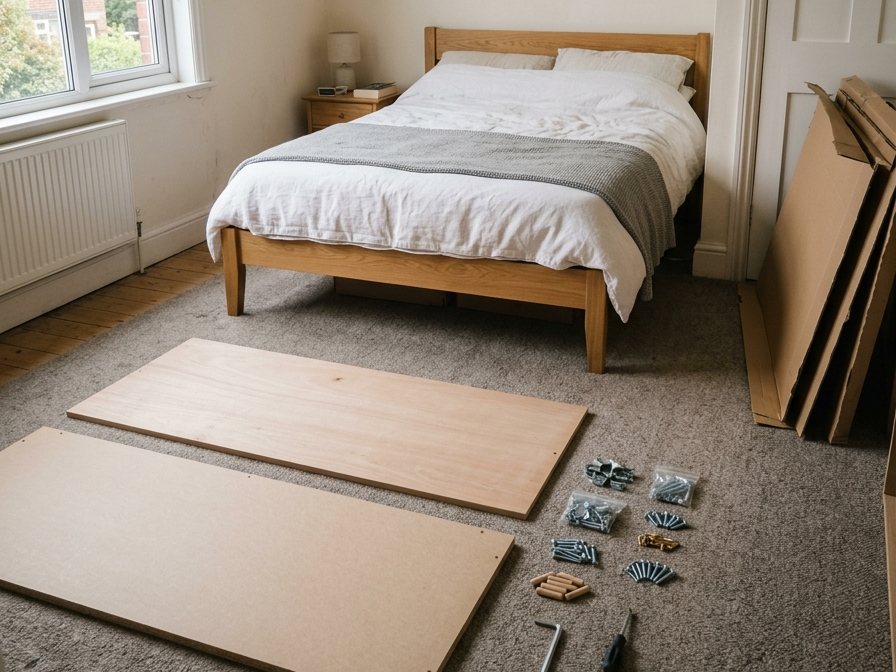 A bedroom with the bed already made up and a flat-pack wardrobe laid out on the carpet ready to assemble, fittings set out in order.