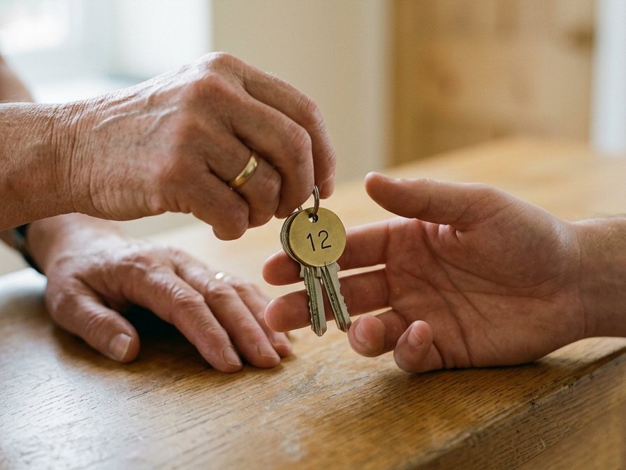 A set of keys on a plain numbered tag being handed across a wooden counter.