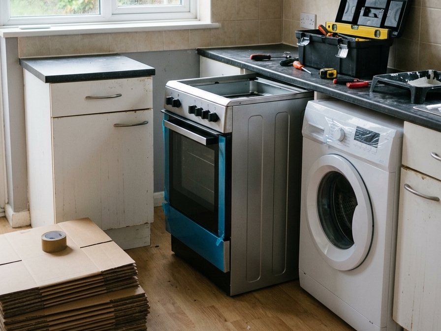 A new cooker and washing machine being fitted in an empty kitchen, with the packaging flattened and stacked to one side.