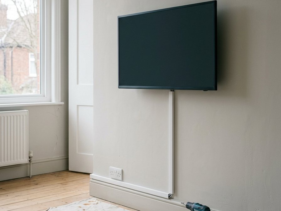 A television newly wall-mounted in an empty living room, with the cable run into tidy trunking down the wall.
